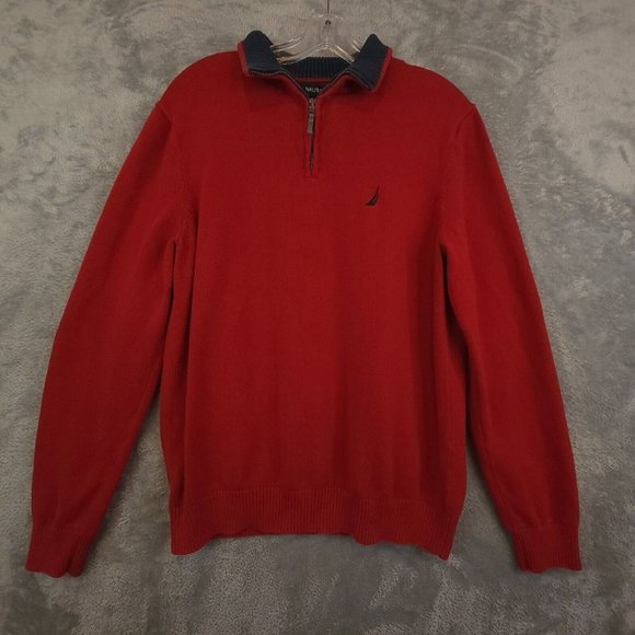 Nautica Mens Sweater Red Pullover 1/4 Zip Tight Knit Long Sleeve 100%‎ Cotton L - Picture 1 of 10